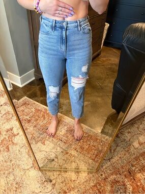 Hollister Light Blue High-Rise Distressed Ankle Jeans